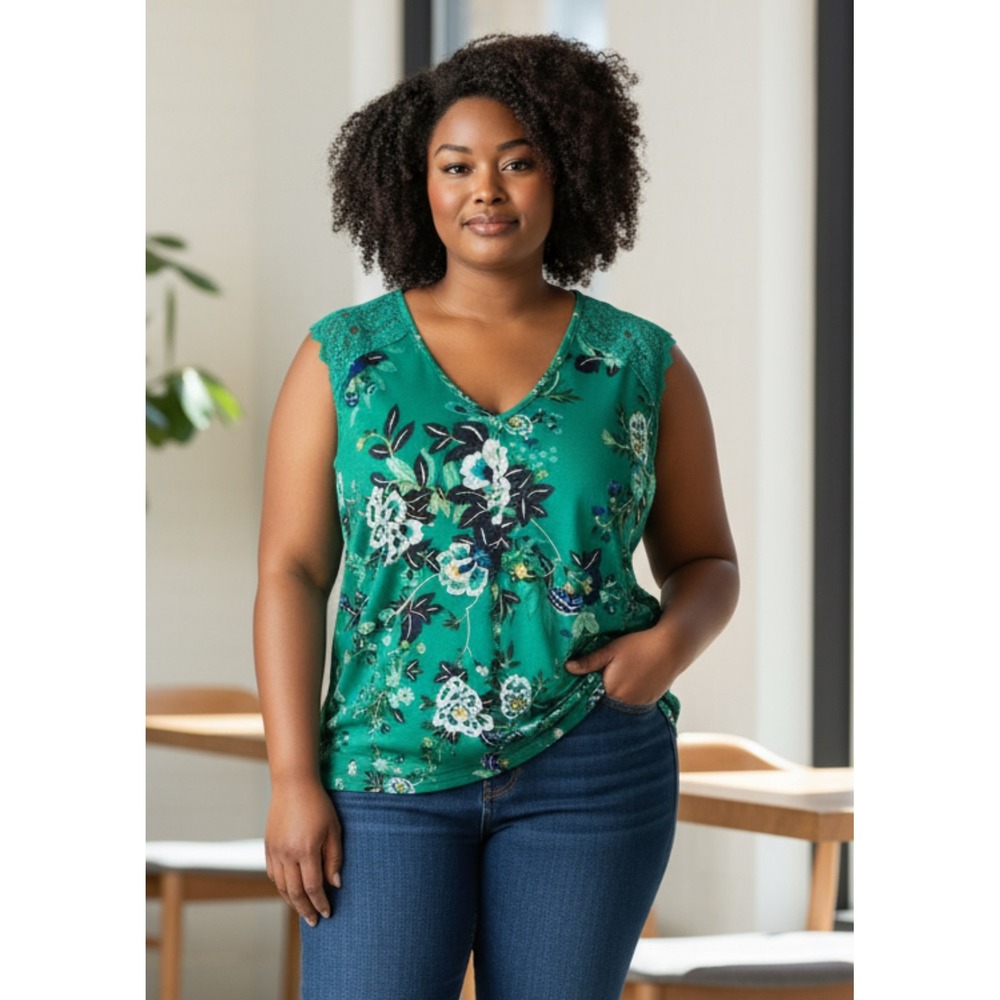 Daniel Rainn 2X Floral Print Sleeveless Lace Trim Green V Neck Tank Top NWT